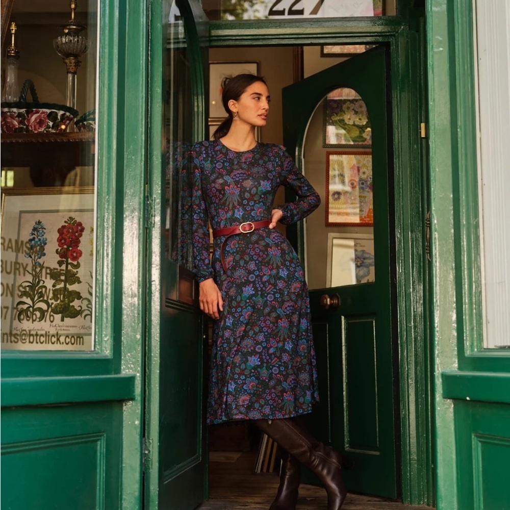 Boden Camille Jersey Midi Dress Fit & Flare Green Azalea Bloom 4P